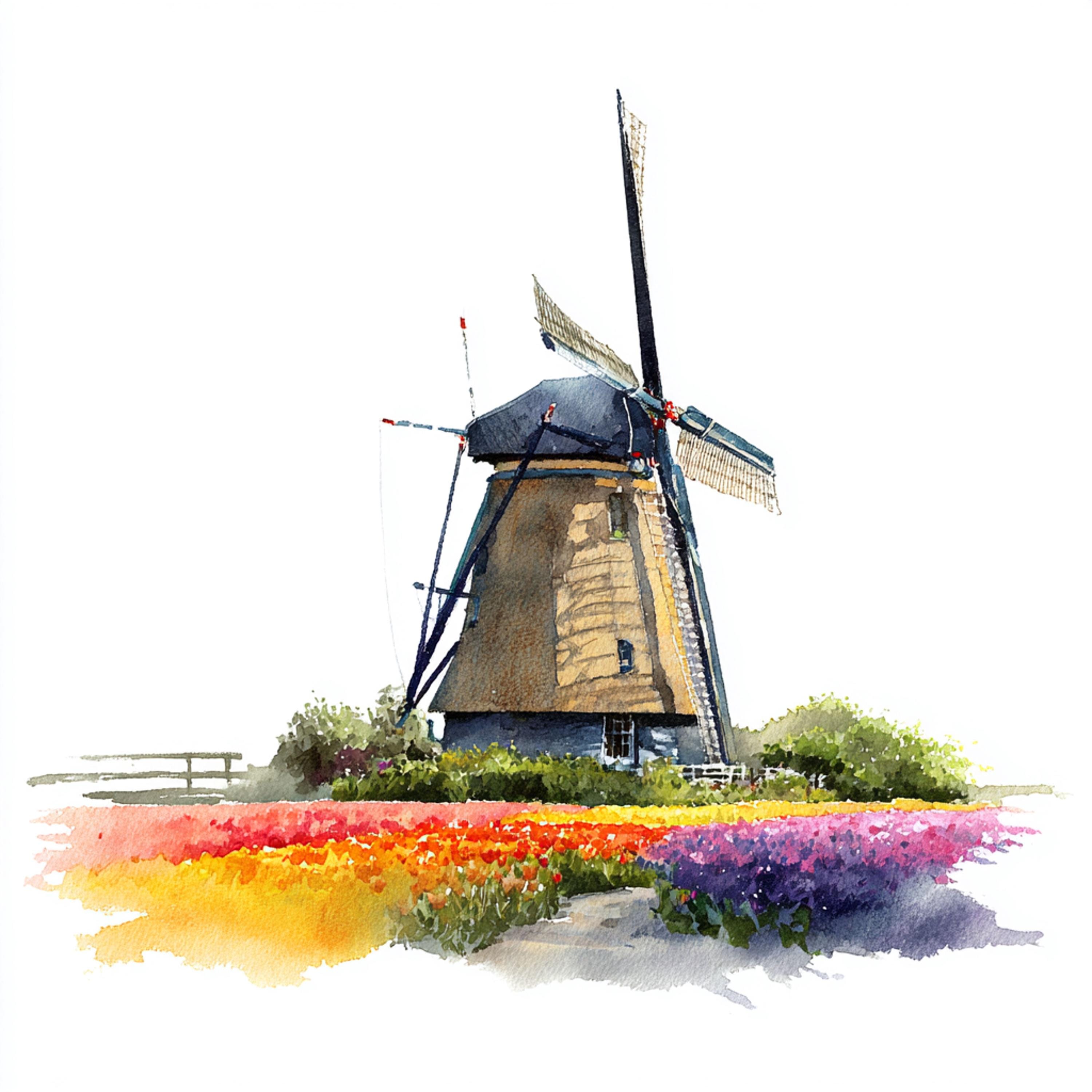 12 Printable Windmills, Watercolor Windmill and Tulip Fields Clipart