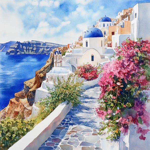 10 paisajes de la costa de Santorini para imprimir, arte de Santorini, arte de la isla griega, imágenes prediseñadas de Santorini en acuarela, arte de paisajes de playa.