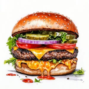 10 Printable Cheeseburger art, watercolor Cheeseburger decor, Tasty Burger print, Hamburger Images