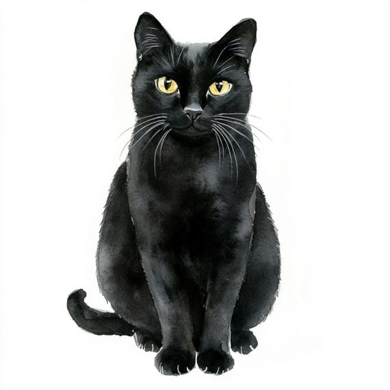 10 Printable Black Cat Clipart, Watercolor Art, Black Cat Print