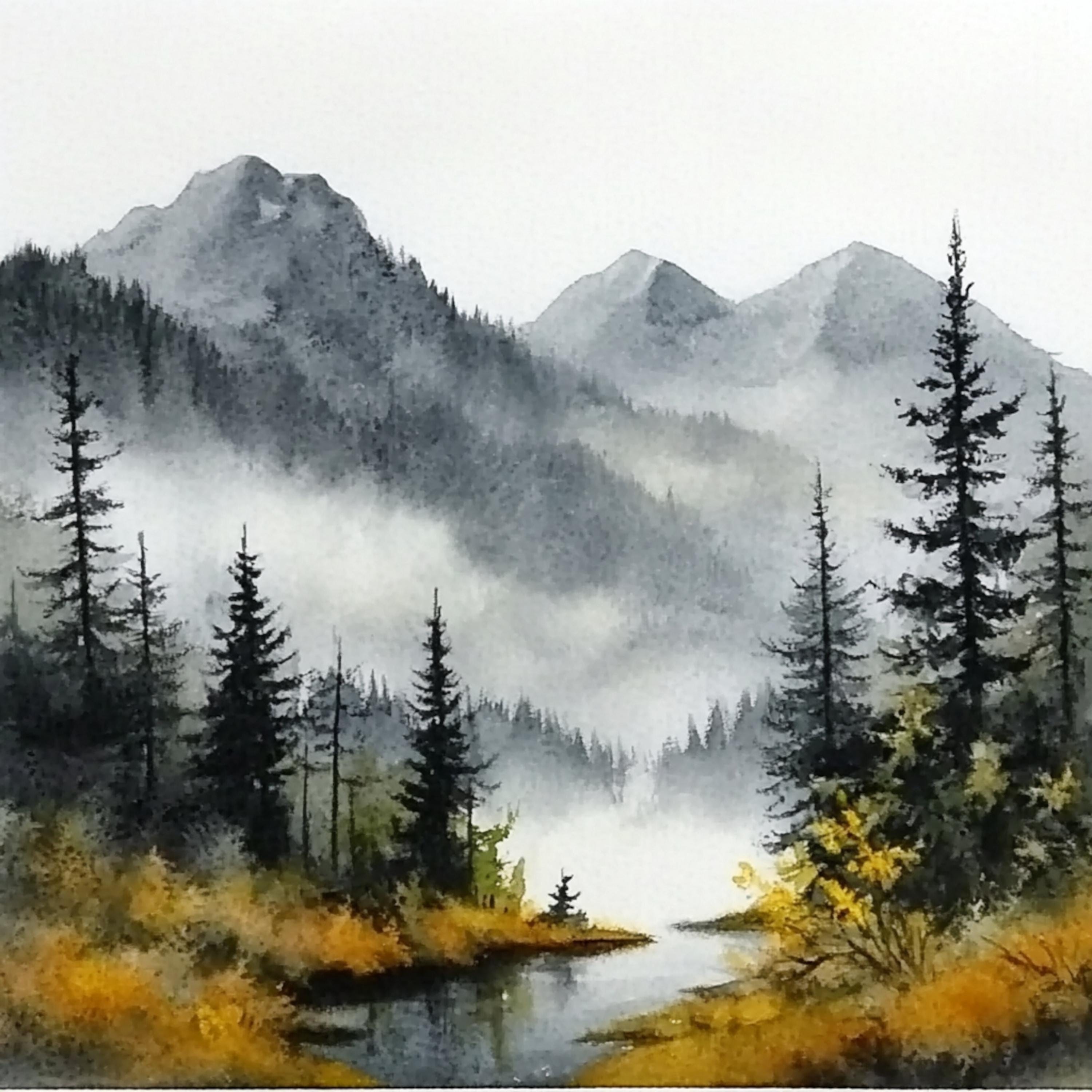 10 印刷可能な霧の山、秋の森のプリント、山の水彩画、秋の風景、商業