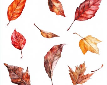 10 feuilles mortes imprimables, feuille d'automne aquarelle, art botanique, décor de feuille jaune, clipart aquarelle, usage commercial, décoration automne