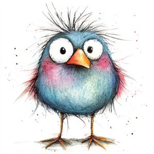 May include: A charming watercolour illustration of a blue bird with large, expressive eyes and an orange beak. The bird has a fluffy appearance with pink and blue shading, and spiky hair. The artwork is on a white background with colourful paint splatters.