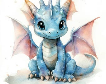 Puede incluir: Una pintura de acuarela de un bebé dragón azul con alas de color rosa claro. El dragón tiene ojos grandes y redondos y una pequeña sonrisa con dientes.