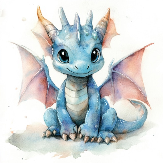 Printable Cute Dragon Clipart, Dragon watercolor art, Printable JPG, Fairy creature, Commercial Use, Paper design, Dragon art, Baby Dragon