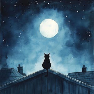 10 印刷可能な月明かりの黒猫、黒猫のプリント、魔女の壁アート、月明かりのイラスト、魔法の夜、猫好きへのギフト、満月の絵画