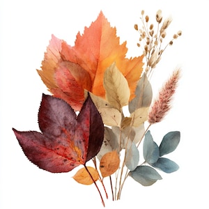 May include: Watercolor illustration of autumn leaves and dried grasses in shades of red, orange, brown, and beige. The arrangement features various leaf shapes and textures, perfect for fall-themed designs.
