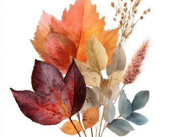 10 Printable Fall leaves bouquet, watercolor autumn bouquet, Botanical art, leaves decor, Commersial Use, autumn decoration