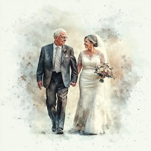 Boda de personas mayores imprimible, boda de pareja de ancianos, clipart de acuarela, JPG de alta calidad, descarga digital, acuarela de pareja enamorada