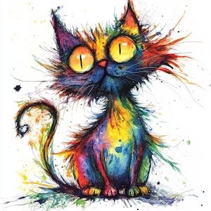 10 druckbare, wunderliche Katzen, Aquarell Karte, lustige Katzen, sehr lustige Katzen, wunderliche verrückte Katze, Aquarell Karte Silly Cat