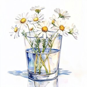 May include: Watercolor painting of a clear glass filled with water and a bouquet of white daisies with yellow centers. The glass sits on a reflective surface, casting a blue shadow. The flowers have green stems.
