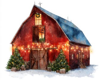 10 Printable Christmas Barn Print, Christmas country art, Barn xmas decorated, Watercolor clipart, High Quality, Holliday card, Paper craft