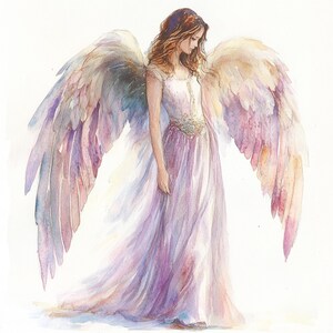 May include: A watercolor painting of an angel with long flowing hair and large wings. The angel is wearing a long, flowing gown with a delicate floral pattern. The wings are a soft pink and purple color, and the gown is a light purple color.