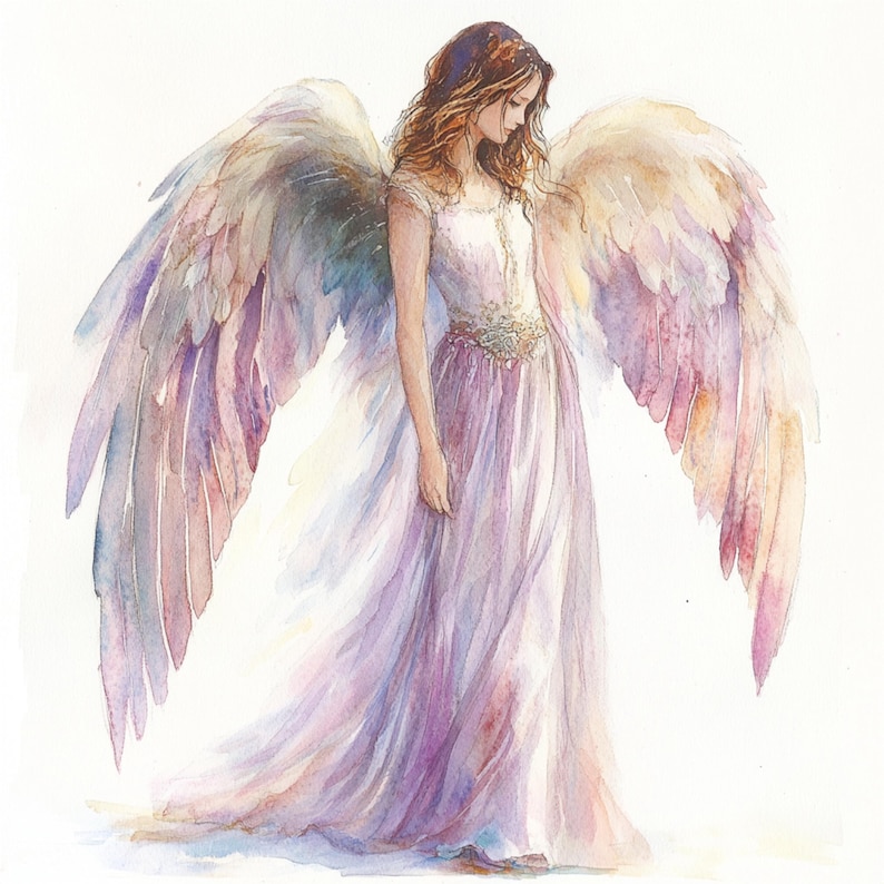 May include: A watercolor painting of an angel with long flowing hair and large wings. The angel is wearing a long, flowing gown with a delicate floral pattern. The wings are a soft pink and purple color, and the gown is a light purple color.