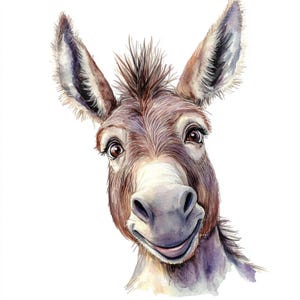 Asino divertente stampabile, acquerello di asino, JPG stampabile, animale domestico, uso commerciale, design della carta, asino sull'erba, asino sorridente
