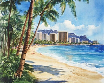 印刷可能なハワイの風景写真10枚、ハワイのビーチの水彩画、ホノルルの