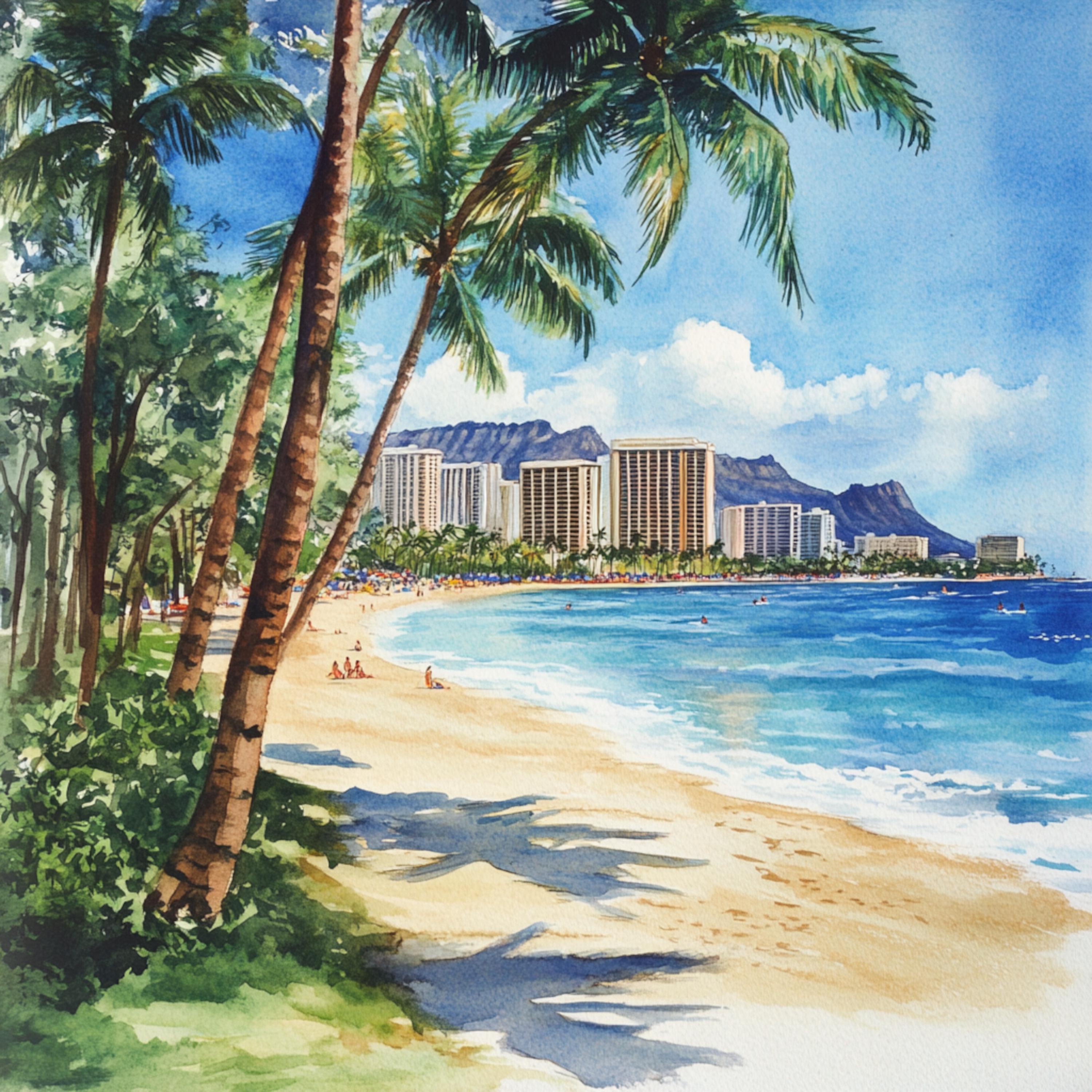 印刷可能なハワイの風景写真10枚、ハワイのビーチの水彩画、ホノルルの