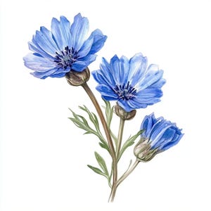 Decorazione floreale di cicoria stampabile, Immagini di acquerelli di cicoria, Arte botanica di fiori selvatici, Clip Art, Uso commerciale, Design di fiori blu carta