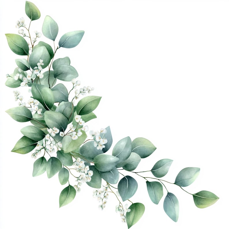 Puede incluir: Ilustraci&oacute;n acuarela de una rama de eucalipto con flores blancas. La rama es curva y tiene hojas verdes. Las flores son peque&ntilde;as y delicadas.