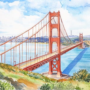 10 Druckbare Golden Gate Bridge, SF Landschaftskunst, Kalifornien Kunst, Ozean Küste Kunst, Aquarell San Francisco Clip Art, Pasific Landschaftskunst