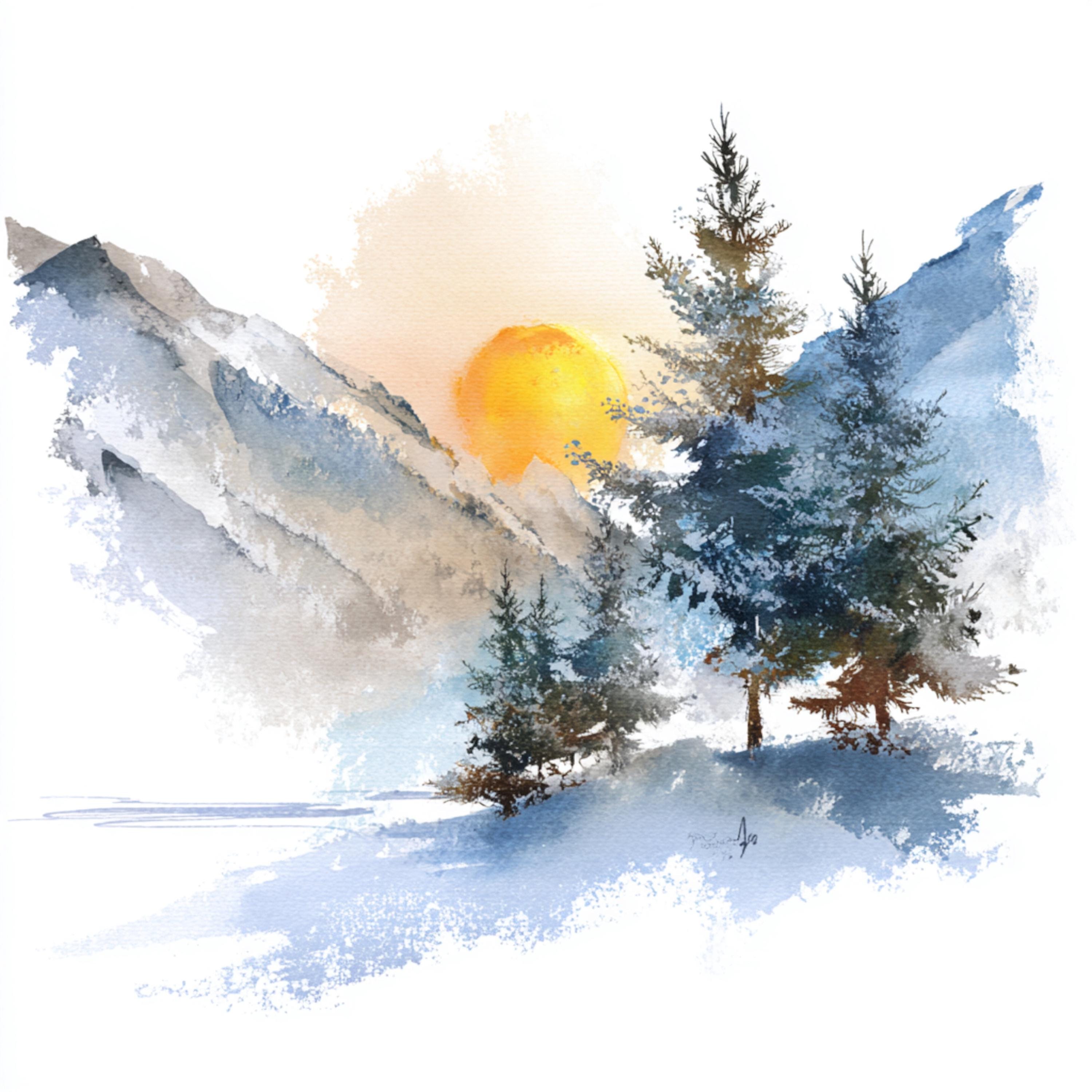 冬の風景 水彩画 A clear winter day in Nakajima Park, Sapporo. Watercolor by