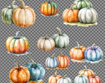 10 PNGs Printable Pumpkins, watercolor Clip Art, Fall pumpkin boho art, Clip Art with transparent background