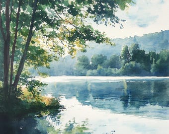 10 Printable Morning lake landscape, Sunrise lake watercolor art, Summer morning lake, Commercial Use, sunrise lake art