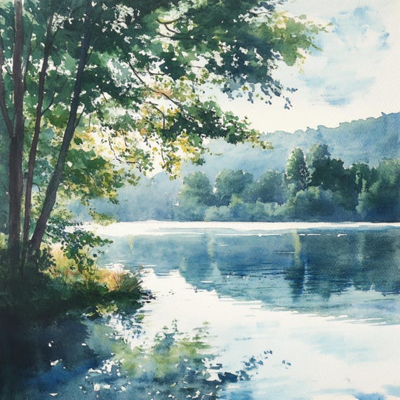 丹沢湖からの眺望（水彩画） 印刷可能な朝の湖の風景10選、日の出の湖の水彩画、夏の朝の湖、商用