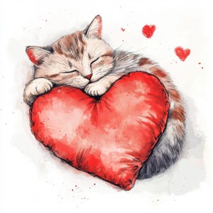 Oreiller en forme de coeur imprimable, chat endormi, chat mignon aquarelle, coeur d'oreiller mignon, usage commercial, décoration de coeur en papier, création de cadeau d'amour