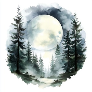 10 foreste stampabili con luna, acquerello, clipart di paesaggi forestali, JPG stampabili, download immediato, uso commerciale, artigianato di carta