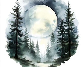 10 printable Forest with moon, watercolor art, Forest landscape Clipart, Printable JPGs, Instant Download, Commercial Use, Paper craft