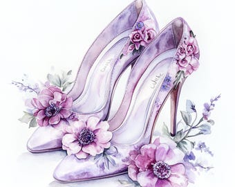 10 Printable Prom Lilac shoes, Purple prom shoes, Watercolor art,Floral shoes, Digital download, Celebrating watercolor, Purple flower heels
