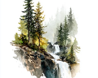 12 cascate stampabili, cascata ad acquerello, foresta di pini, design su carta, cascata a rastrelliera, uso commerciale, immagini JPG