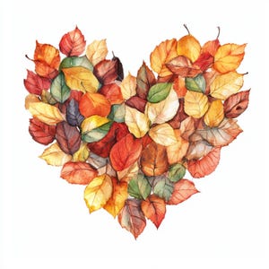 May include: Watercolor painting of a heart shape composed of autumn leaves. The leaves display a range of colors, including red, orange, yellow, and green. The artwork is set against a white background, highlighting the vibrant colors of the leaves.