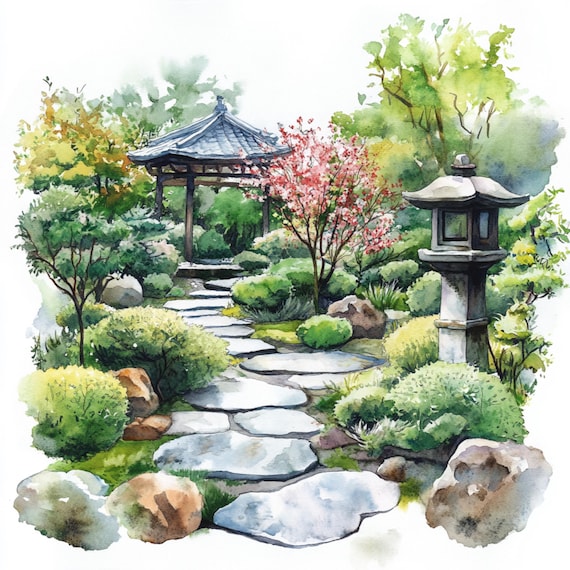 10 印刷可能な日本庭園、水彩画の庭園、桜公園のプリント、和風、商業