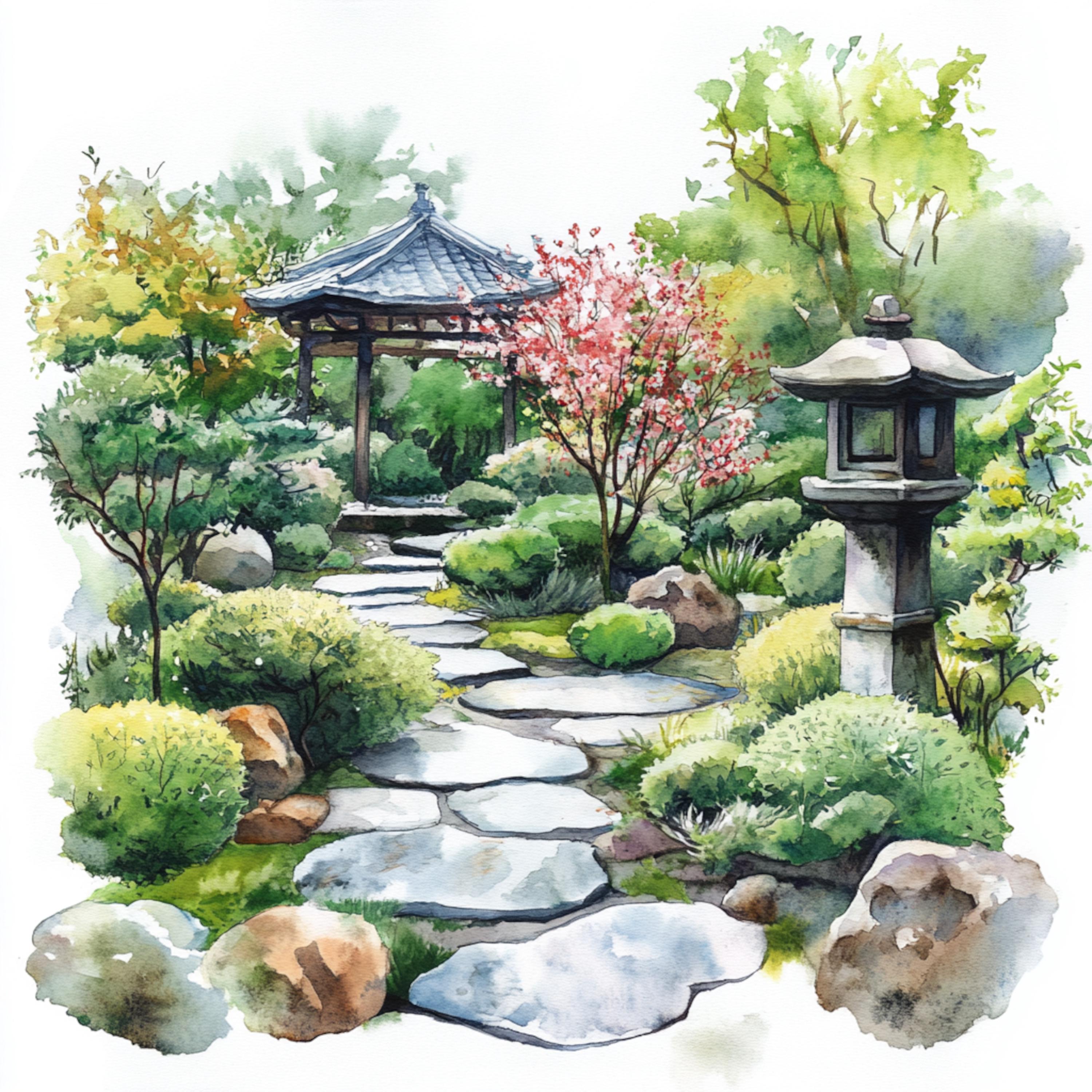 10 印刷可能な日本庭園、水彩画の庭園、桜公園のプリント、和風、商業