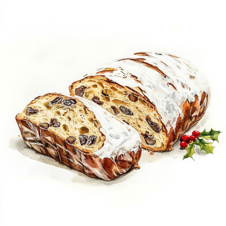 Stollen Bread Vector 10 Printable Christmas Stollen, Watercolor Stollen Bread, Sliced Loaf ...