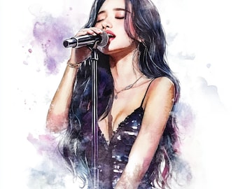 Aquarelle fille asiatique qui chante, jeune chanteuse, belle fille asiatique, clipart aquarelle, téléchargement numérique, sablage fabrication de cartes