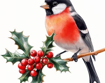 Clipart Bouvreuil de Noël, oiseaux de Noël, Style Aquarelle, 10 cartes de Noël, oiseaux Bouvreuil, usage commercial, art oiseaux d'hiver