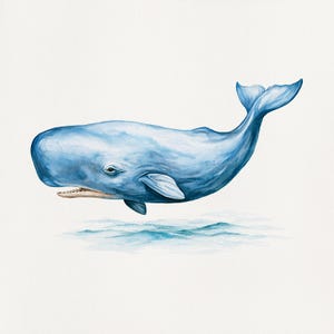 Pode incluir: Uma ilustração em aguarela de um grande cachalote em tons de azul. A baleia é representada numa posição de natação com a cauda ligeiramente levantada, mostrando um olho visível, uma pequena barbatana peitoral e a boca entreaberta.