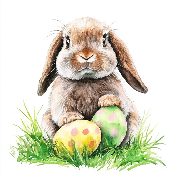 10 Printable Easter Bunny and Egg Clipart, Watercolor Art, Mini