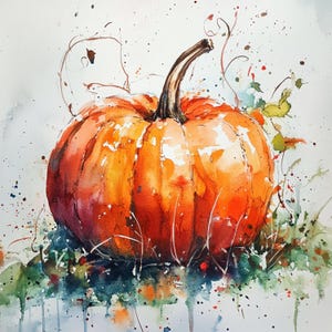 Könnte beinhalten: Aquarellmalerei eines leuchtend orangefarbenen Kürbisses mit strukturierter Oberfläche. Der Kürbis hat einen dunkelbraunen Stiel und ist von grünem Laub und Gras umgeben. Farbspritzer verleihen dem Kunstwerk Details.