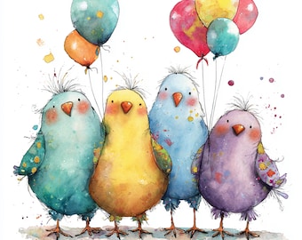 12 Printable birthday birds, watercolor birds, Cute birdswith balloons, whimsical animal, Commercial use, birthday birds with balloons Print