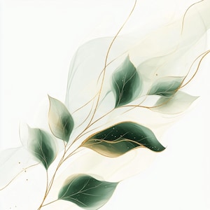 Foglie astratte stampabili, foglie verdi acquerellate, arte botanica, Clip Art, uso commerciale, ramo di foglie con linea dorata, artigianato di carta