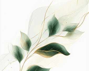 Printable abstract leaves, watercolor green leaves, botanical art, Clip Art, Commercial Use, leaves branch with gold line, Paper craft