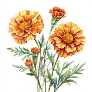 10 Printable Marigold flowers decor, watercolor Marigolds, Marigold botanical Clip Art, Marigold Bouquet art, digital floral art