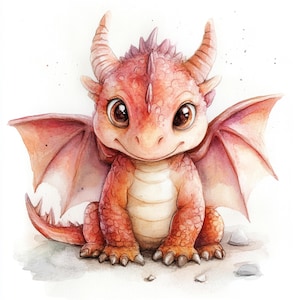 May include: A watercolor painting of a cute, red dragon with large, expressive eyes. The dragon has small, pink wings and is sitting on a light brown surface.