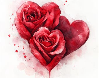 Décoration coeur de roses imprimable, images aquarelles, art roses rouges, clipart, usage commercial, conception de roses, création de cadeau amour, art de la Saint-Valentin