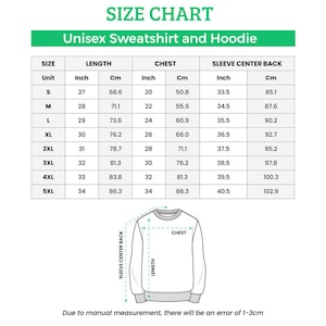 May include: A size chart for unisex sweatshirts and hoodies, with measurements in inches and centimeters. The chart includes sizes S through 5XL, detailing length, chest, and sleeve center back dimensions. A diagram illustrates measurement points.