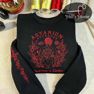Astarion Approves BG3 With Saber On Sleeve Embroidered Sweatshirt, BG3 Embroidered Hoodie, Baldur&#39;s Gate 3 Inspired, Gift For Gamer